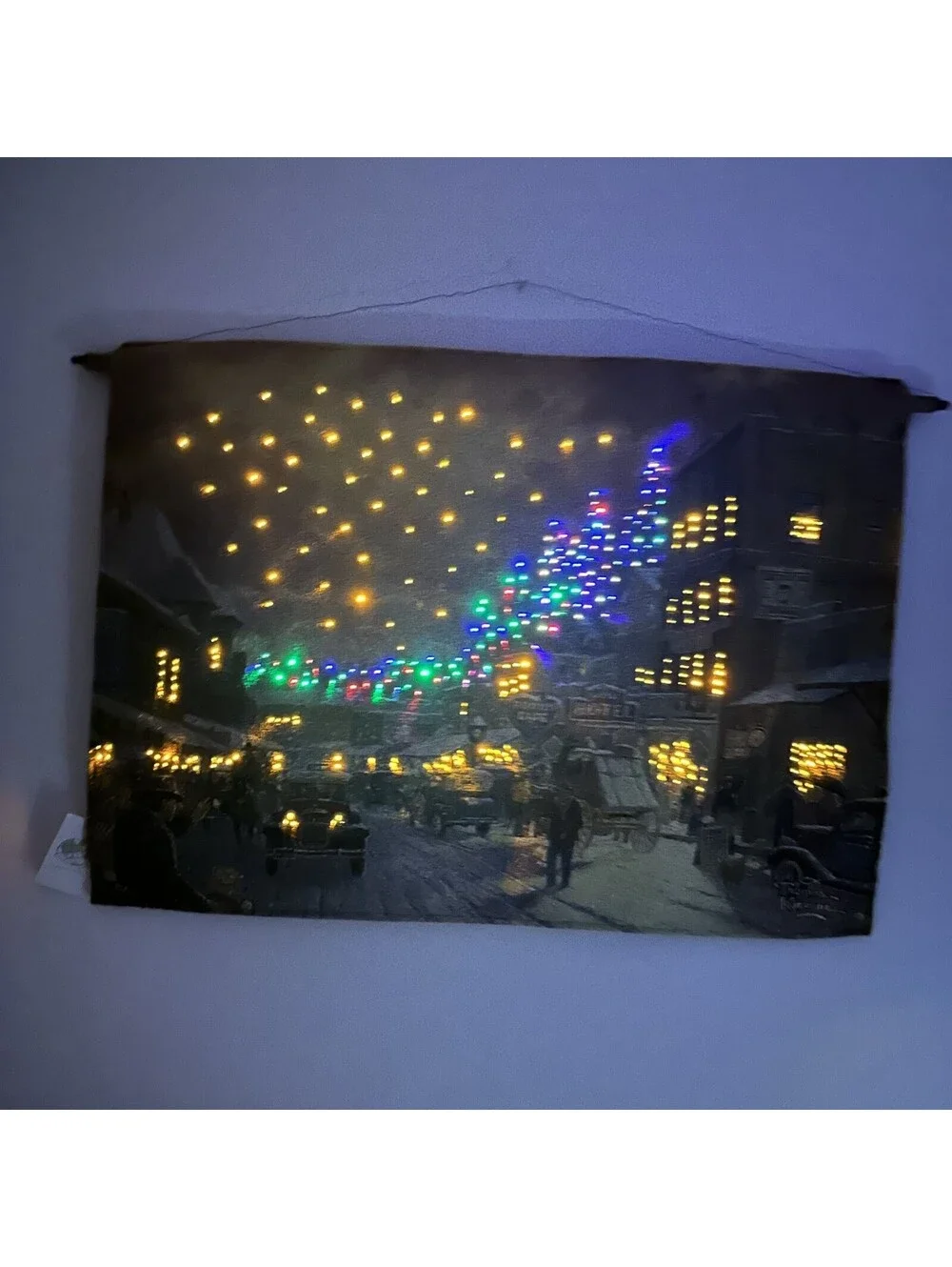 Thomas Kinkade Fiber Optic Christmas o Main Street Tapestry Wall Hanging Picture